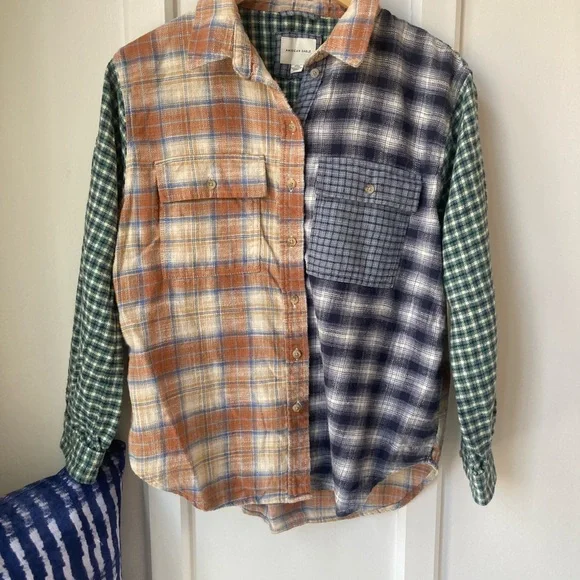 American Eagle | Patchwork Plaid Flannel Shirt - Blue, Orange, Green - Picture 2 of 8